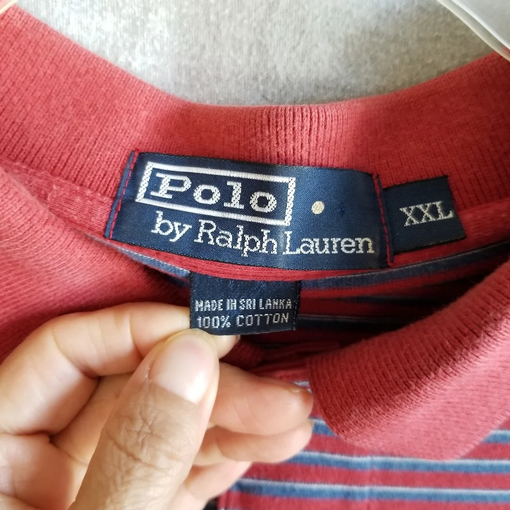 Vintage Ralph Lauren Men's 2XL Polo Shirt‎ Red Blue Stripe Short Sleeve Golf